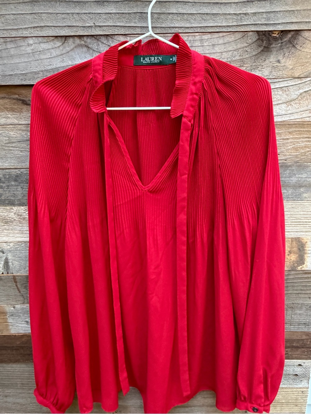 Ralph Lauren Red Pleated V-Neck Women's Blouse with Tie Neck